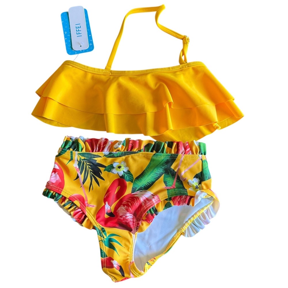 Girls Flamingo Swimsuit Ruffle Two Piece Bathing Suit Yellow 4-5Y Beach Tropical